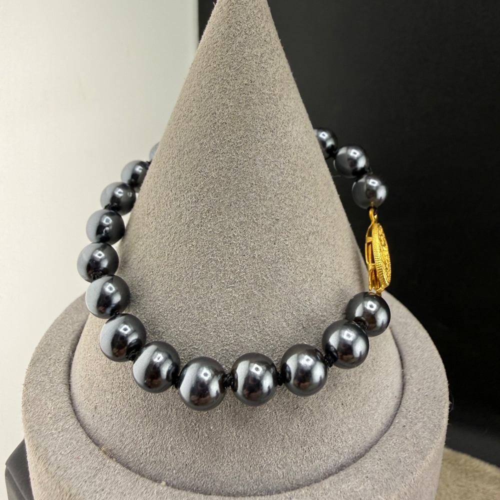 Vintage Estate Beaded Bracelet Peacock Oil Slick Faux Pearl Black Gold 7in